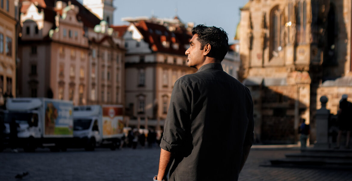Men’s autumn photo shoot on Old Town Square of Prague